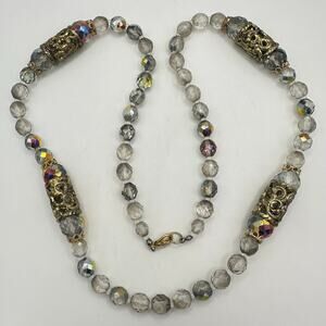 Vintage-Inspired Gray Crystal Beaded Necklace with Gold Filigree Accents